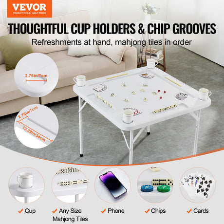 VEVOR Mahjong Table, Square 4 Player Folding Card Table with 4 Cup Holders & 4 Chip Trays, Portable Domino Game Table with 1 Set of Dominoes for Mahjong Poker Puzzles, 35.4 x 35.4-inch, White VEVOR