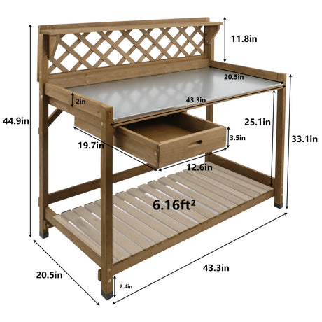 PetsCosset Garden Potting Benches & Tables,Outdoor Wooden Work Station W/Metal Table Top,Drawer,Large Bottom Shelf,Open Shelf Natural Wood-Natural Stained PetsCosset