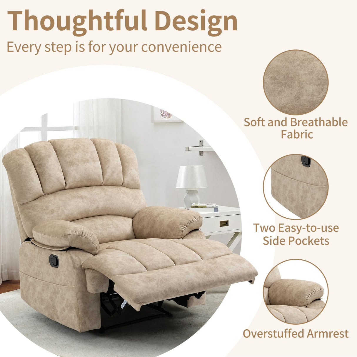 Manual Recliner Chair for Living Room, Single Sofa Recliners for Adults 350LBS, Heavy Duty Reclining Max 155 Degrees, Fabric Beige EZZUP