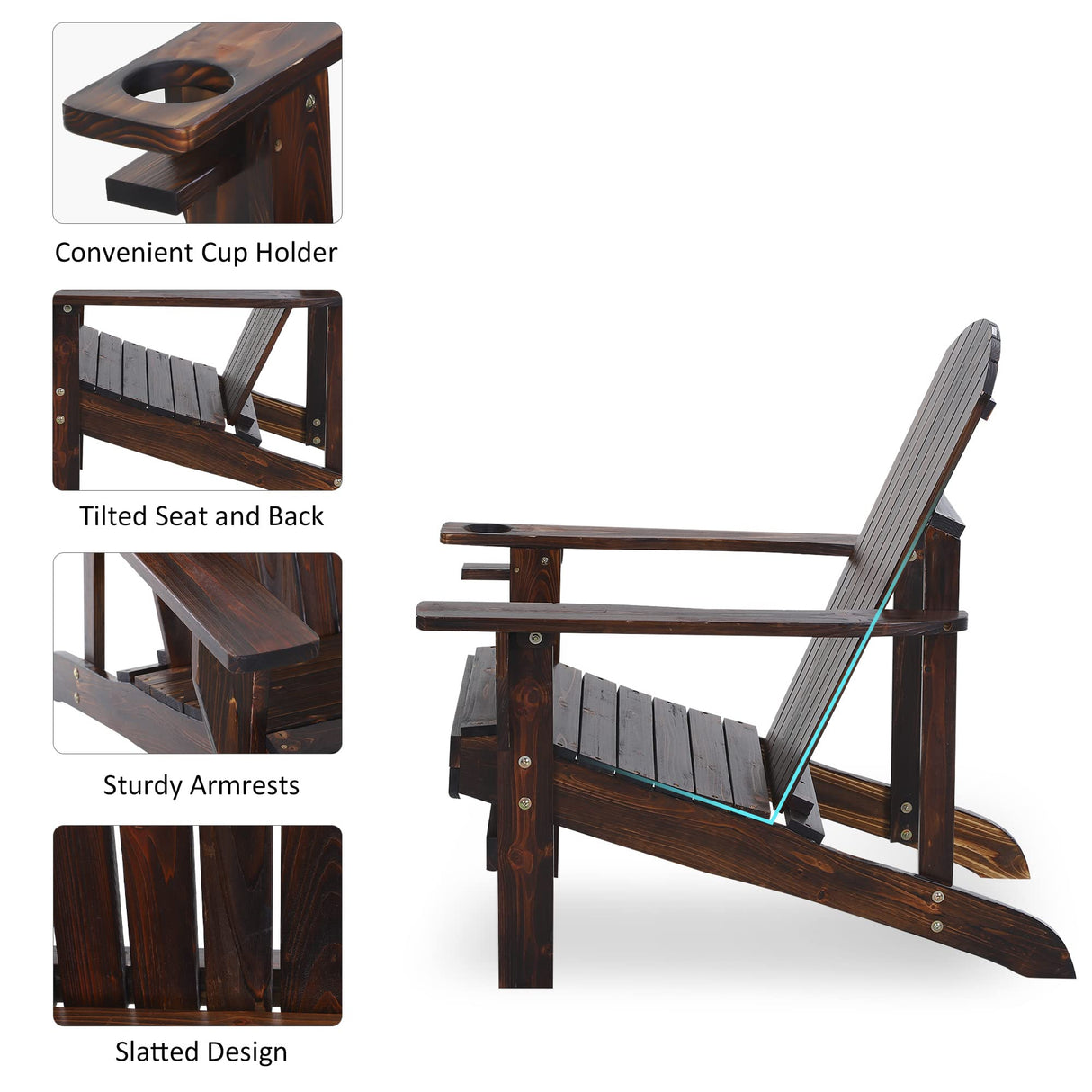 Outsunny Wooden Adirondack Chair, Outdoor Patio Lawn Chair with Cup Holder, Weather Resistant Lawn Furniture, Classic Lounge for Deck, Garden, Backyard, Fire Pit, Brown Outsunny