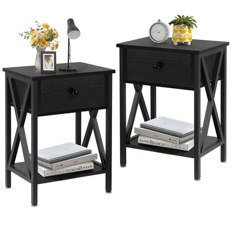 VECELO Nightstands Set of 2, Modern Bedside End Tables, Night Stands with Drawer and Storage Shelf for Living Room Bedroom, Industrial Metal Frame VECELO