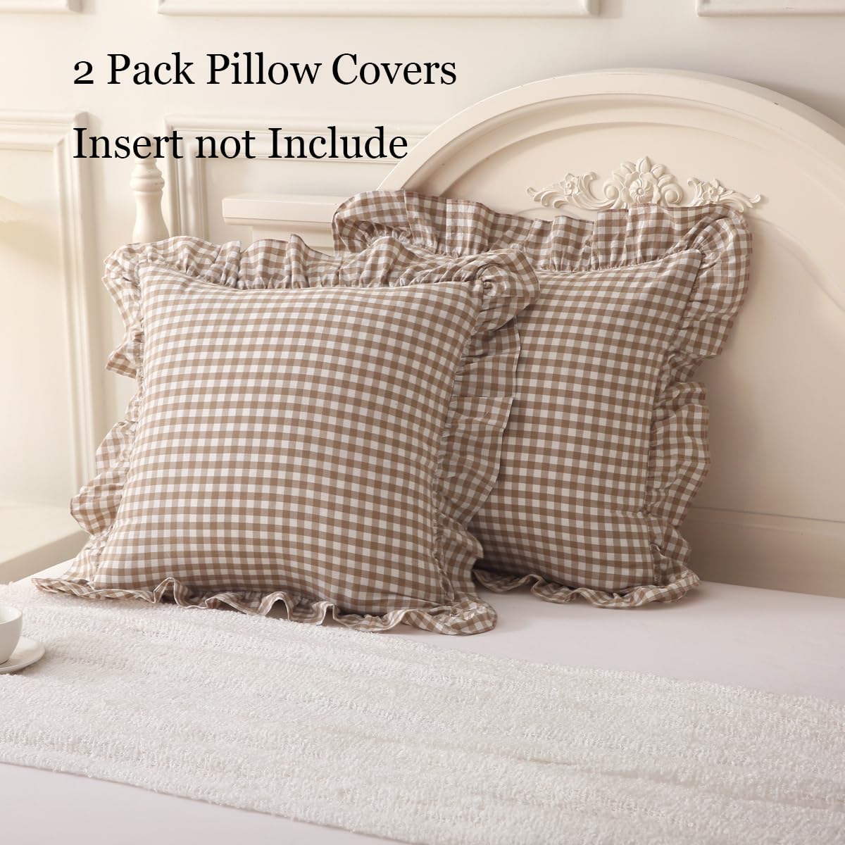 Silnuo 2 Pack Taupe/White Plaid Ruffle Throw Pillow Covers Farmhouse Checkered Chic Washed Cotton Pillowcases Gingham Pillow Shams for Bed, Sofa, Living Room-20"x20" Silnuo