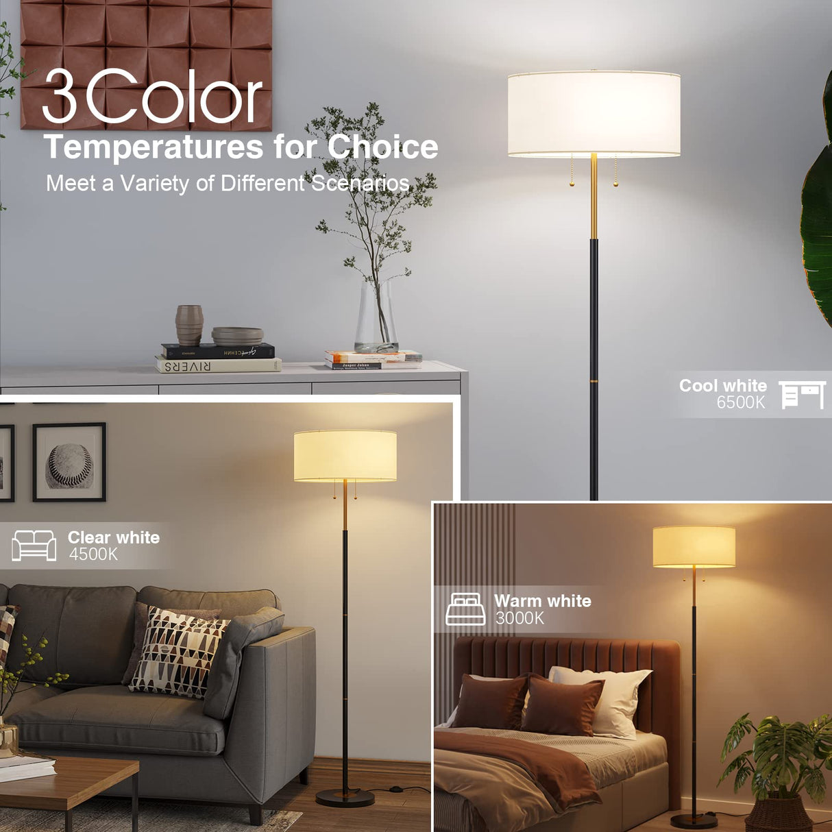 Karjoefar 2-Light Floor Lamp, Mid Century Floor Lamp with White Fabric Shade, Standing Lamp Tall Lamp for Living Room Bedroom, 3 Color Temperatures 9W Bulb Include Karjoefar