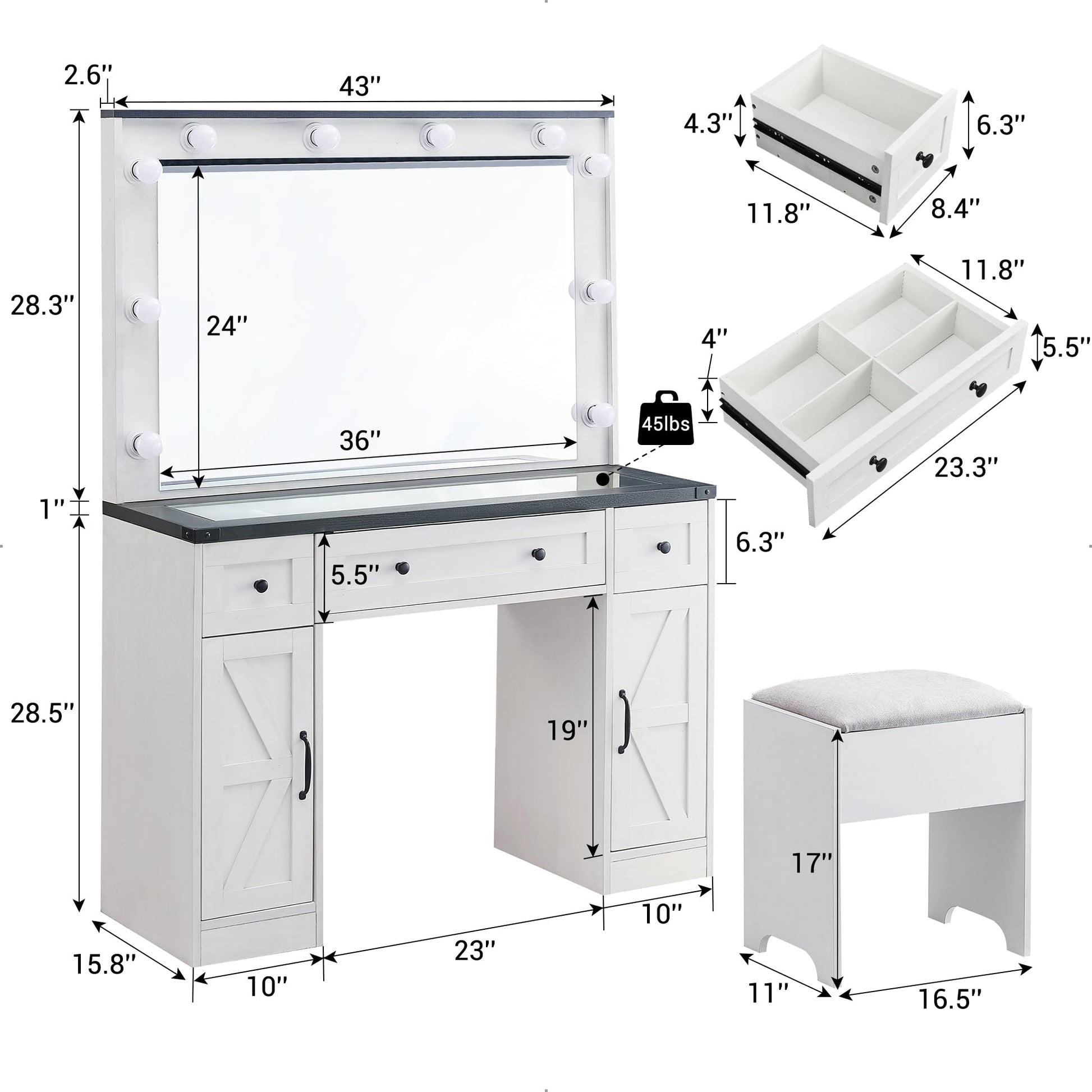 JXQTLINGMU 43" Makeup Vanity Desk with Mirror and Lights, Farmhouse Vanity Dressing Table Set with 3 Drawers & 2 Cabinets, Stool Included, Bedroom, - WoodArtSupply