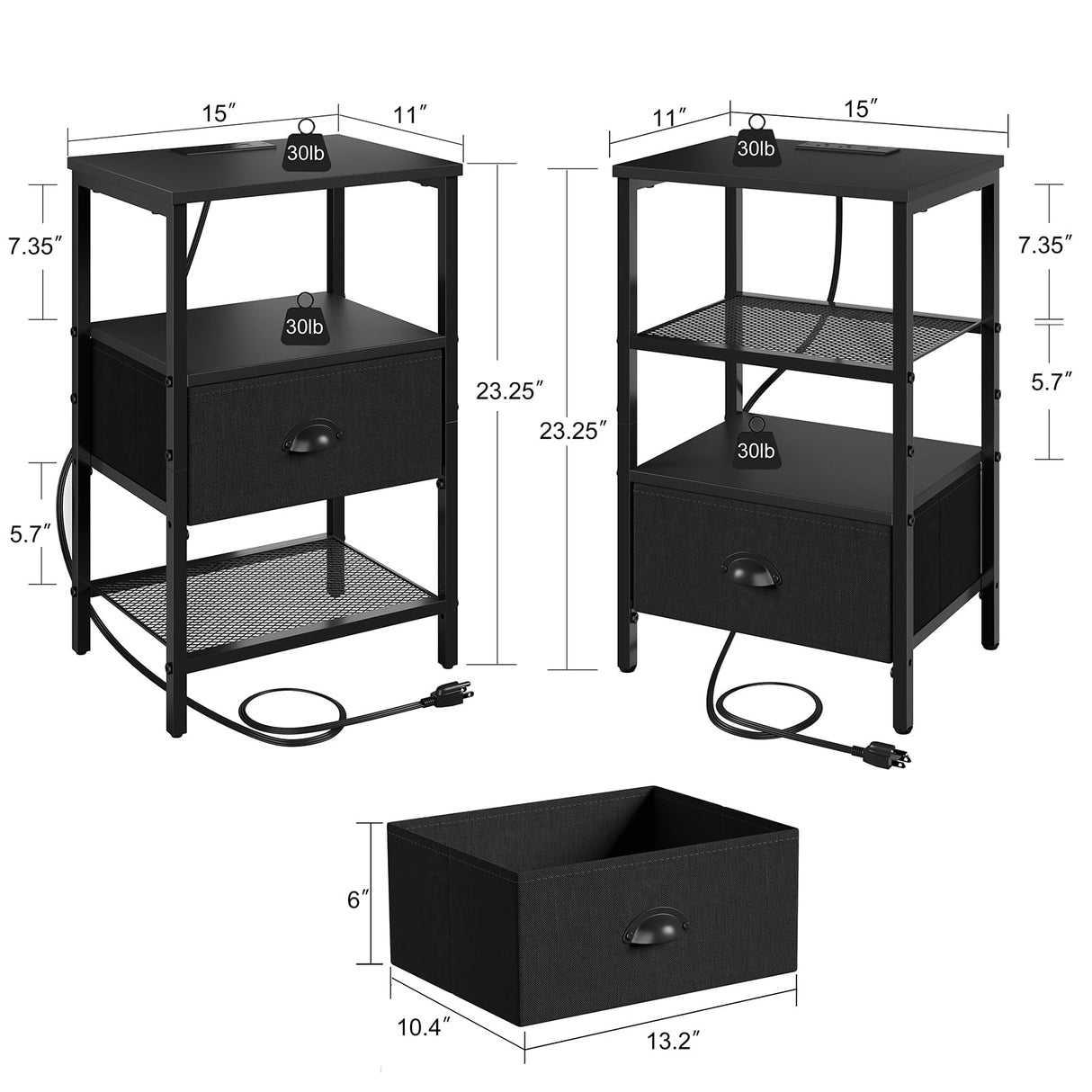 Sthmec Nightstands Set of 2, LED Bedside Tables with Charging Station and Fabric Drawer, Night Stand with Storage, 3 Tier Side Table with Open Shelf for Living Room, Bedroom, Black Generic