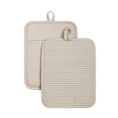 KitchenAid Ribbed Soft Silicone Pot Holder 2-Pack Set, Milkshake Tan, 7"x9" KitchenAid