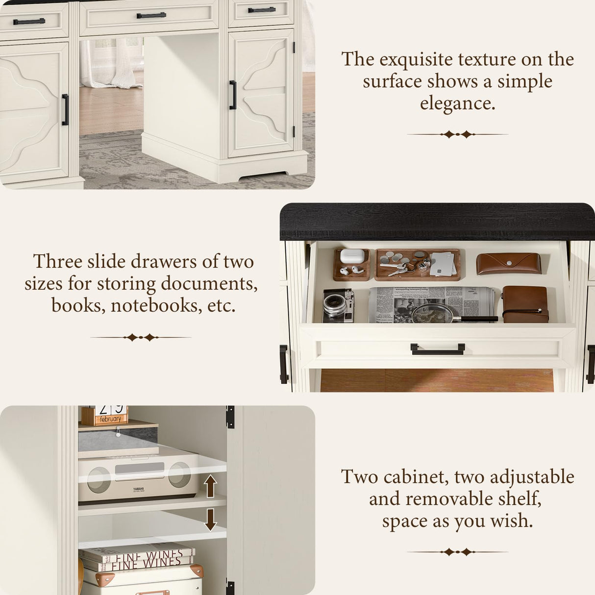 Vabches Executive Desk with Storage Drawers, Farmhouse Office Desk with Charging Station Wood Computer Desk with Ample Storage Cabinet, Rustic Home Wrting Desk with Drawers for Office, White Vabches