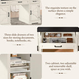 Vabches Executive Desk with Storage Drawers, Farmhouse Office Desk with Charging Station Wood Computer Desk with Ample Storage Cabinet, Rustic Home Wrting Desk with Drawers for Office, White Vabches