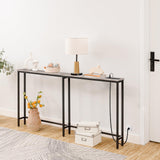 HOOBRO 5.9" Skinny Console Table with Charging Station, 63" Narrow Sofa Table with Power Outlets, Long Behind Couch Table, Slim Entryway Table for Hallway, Living Room, Greige and Black BG165UXG01 HOOBRO