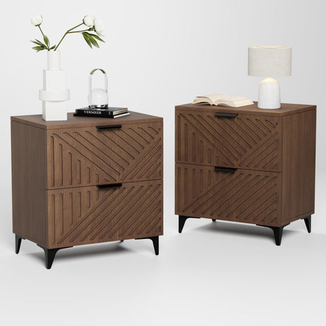 Royal Windsor Fluted Nightstand Set of 2 with 2 Drawers, Side End Table, Small Accent Storage Cabinet,Modern Night Stand Bedside Table for Bedroom, Brown Royal Windsor