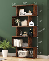Yusong Bookshelf 5-Tier, Geometric Bookcase S Shaped Book Shelves for Bedroom, Modern Industrial Wood Decorative Display Shelf Book Case for Home Office, Rustic Brown Yusong