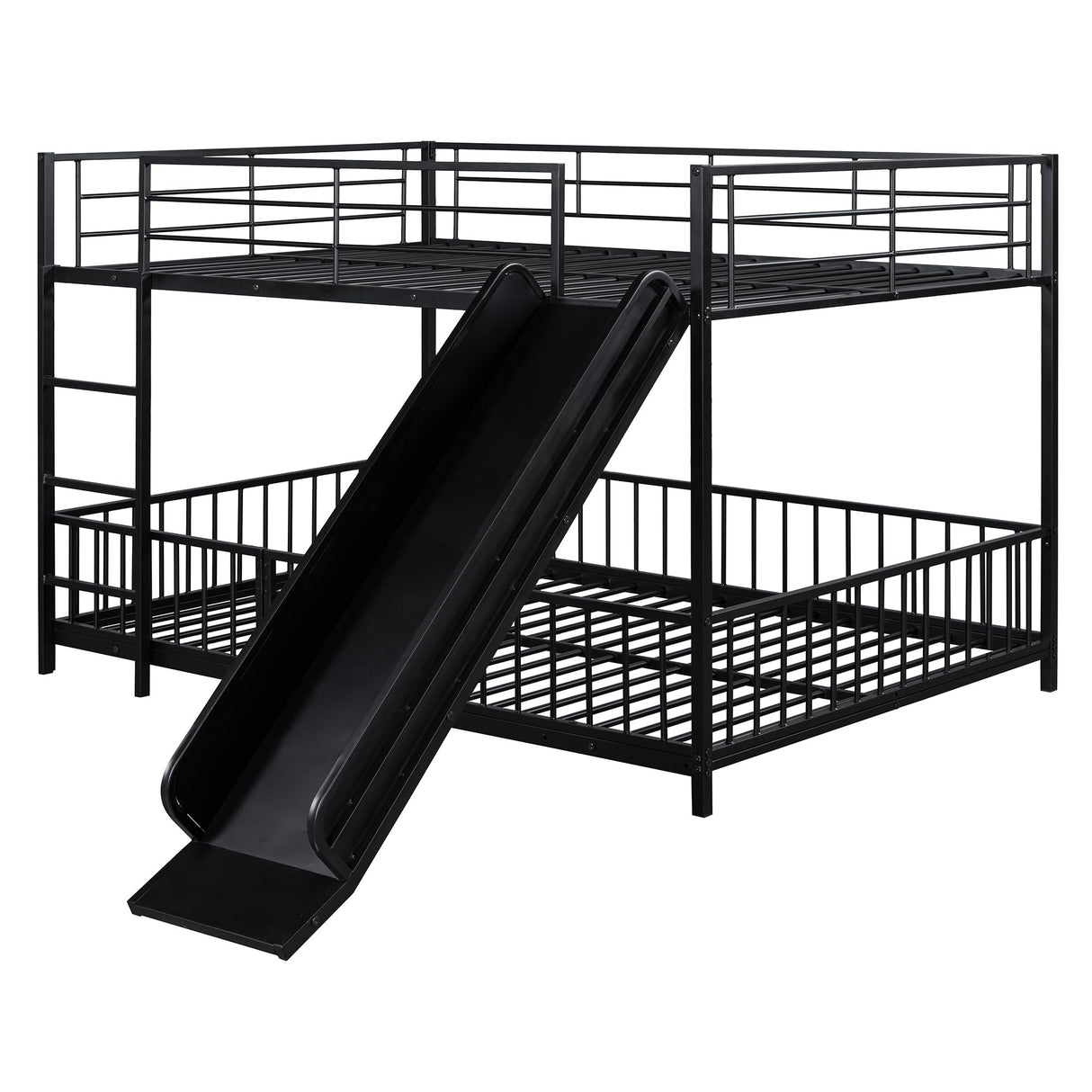 Bellemave Full Over Full Bunk Bed with Slide and Ladder, Metal Bunk Bed for Kids, Girls, Boys, Removable Fence, Low Bunk Bed with Slide, with Door, Black Bellemave