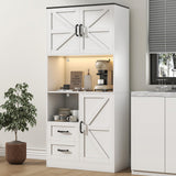 Frmobepts Kitchen Pantry Storage Cabinet with LED Lights and Power Strip, Tall Farmhouse Kitchen Pantry with Barn Doors and Drawers, Adjustable Shelves for Dining Living Room (White) Frmobepts
