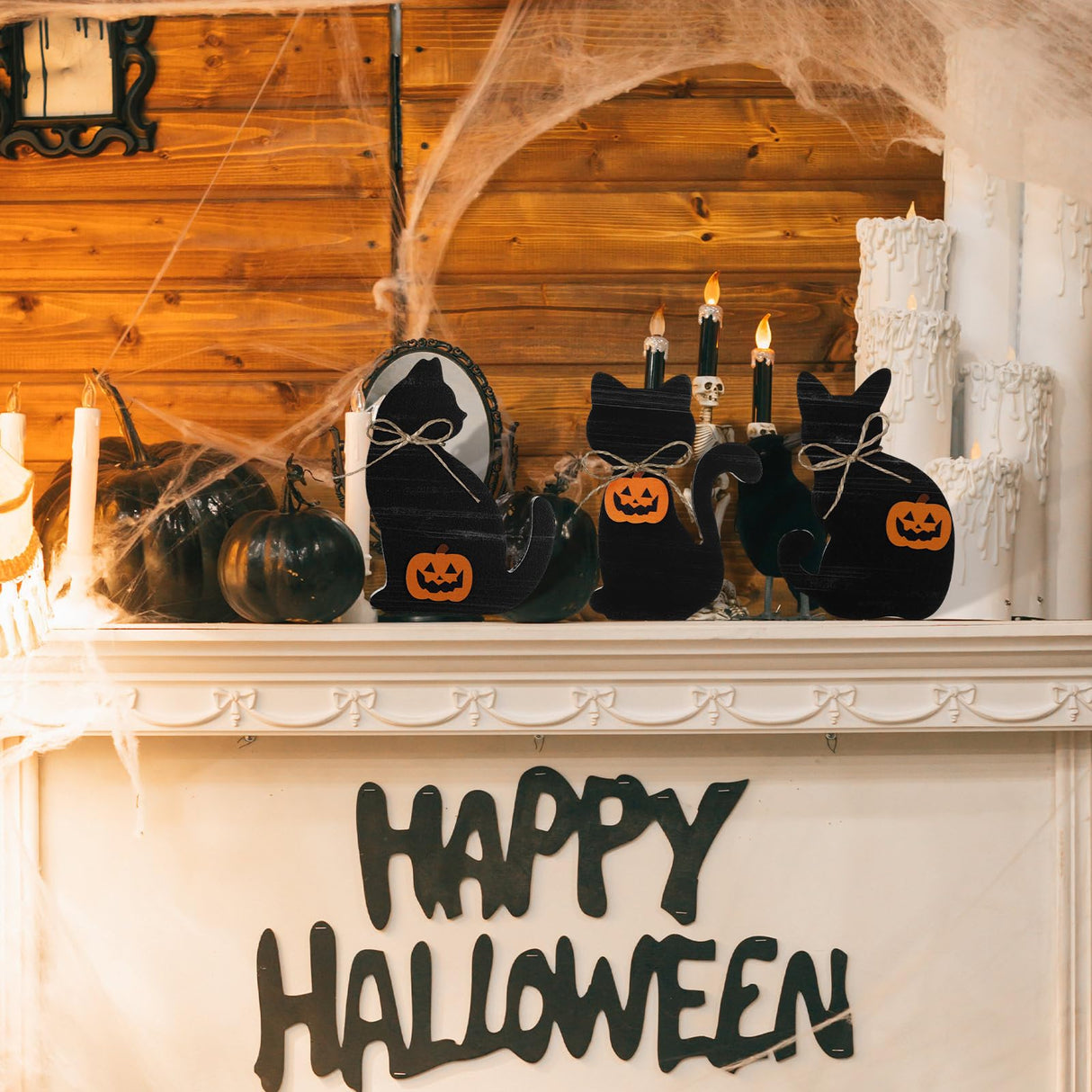 Redbaker 3 Pieces Halloween Black Cat Wooden Table Sign Halloween Tiered Tray Decor Rustic Halloween Tabletop Block Sign Farmhouse Fall Centerpieces for Halloween Home Shelf Party Decor Redbaker