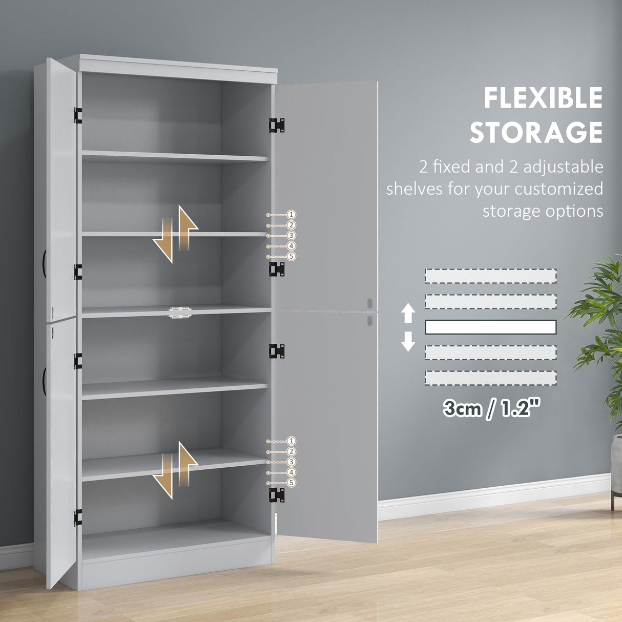 HOMCOM 70" Kitchen Pantry Cabinet, Freestanding Storage Cabinet with 4 Doors and 2 Adjustable Shelves for Dining Room, Gray HOMCOM