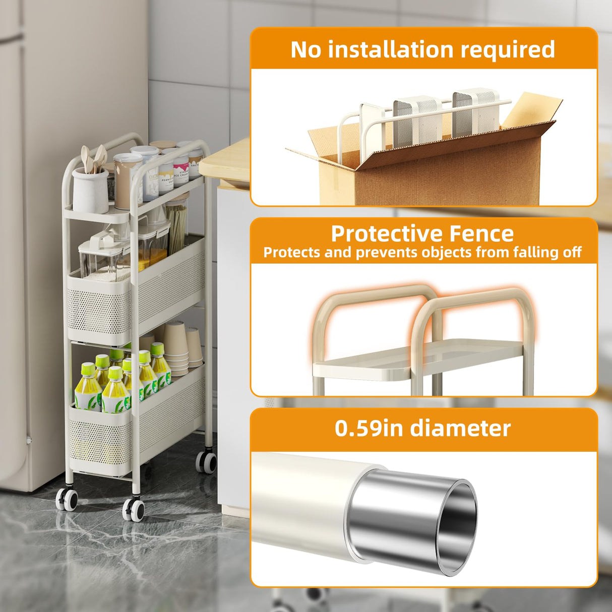 Slim Storage Cart 3 Tier with Pull Out Metal Basket Bathroom Organizer Rolling cart, Installation-Free Rolling Utility Cart Slide Out Organizer for Kitchen, Bathroom, Laundry (White, 3 Tier) CABTE