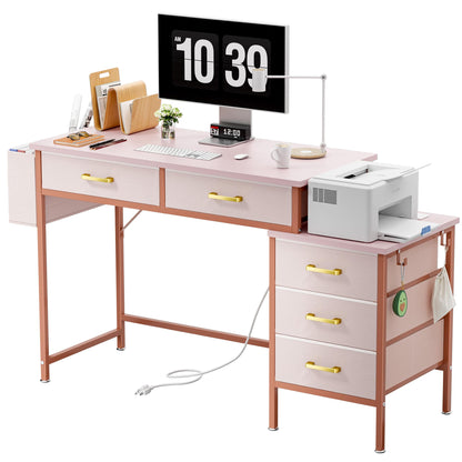 YILQQPER Computer Desk with Charging Station, Home Office Desks with Fabric Drawer File Cabinet Printer Stand, PC Desk with 5 Drawers, Study Writing Table, Work Desk with Storage, Vanity Desk, Pink