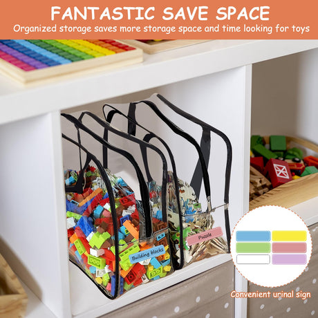 6 Packs Large Toy Storage Bags with Labels, Reusable Clear PVC Board Game Storage, Travel Waterproof Organizer Bags with Zipper for Building Blocks, Puzzle, Kids Books OPELETNNT
