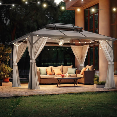 VINGLI 10’ x 13’ Outdoor Hardtop Gazebo Polycarbonate Double Roof Canopy Aluminum Frame Pavilion with Curtains and Netting Patio Gazebo Pergola