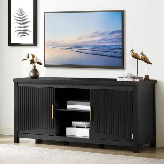 Unovivy 51" Black Fluted TV Stand with Storage, Mid Century Modern TV Stand with Storage Cabinets, Entertainment Center for TVs Up to 55", TV Console for Living Room, Bedroom