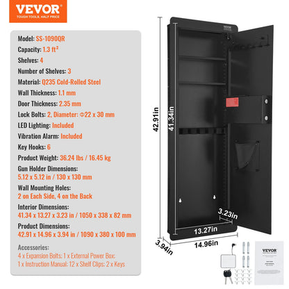 VEVOR 42.91" Tall Wall Gun Safe, 4-Tier Hidden Gun Safe with Keypad & Fingerprint, 3 Removable Shelves & 6 Key Holders, Q235 Cold-Rolled Steel Gun Safe with LED Light, Vibration Alarm, Holster & Stock