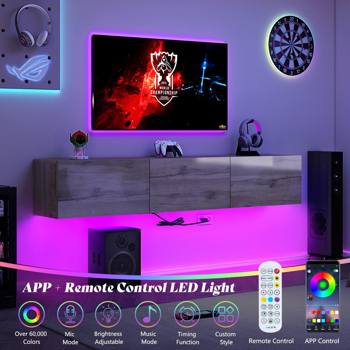 AMERLIFE Floating TV Stand with LED Lights and Power Outlet, 70in High Gloss Wooden Texture Wall Mounted Media Console, Entertainment Center for TVs Up to 80", Grey AMERLIFE