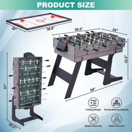 54" 4-in-1 Multi Game Table, Foldable Combo Game Table Set with Ping Pong, Hockey, Pool Billiards and Foosball for Adults, Home, Game Room, Friends & Family RAYKEEP
