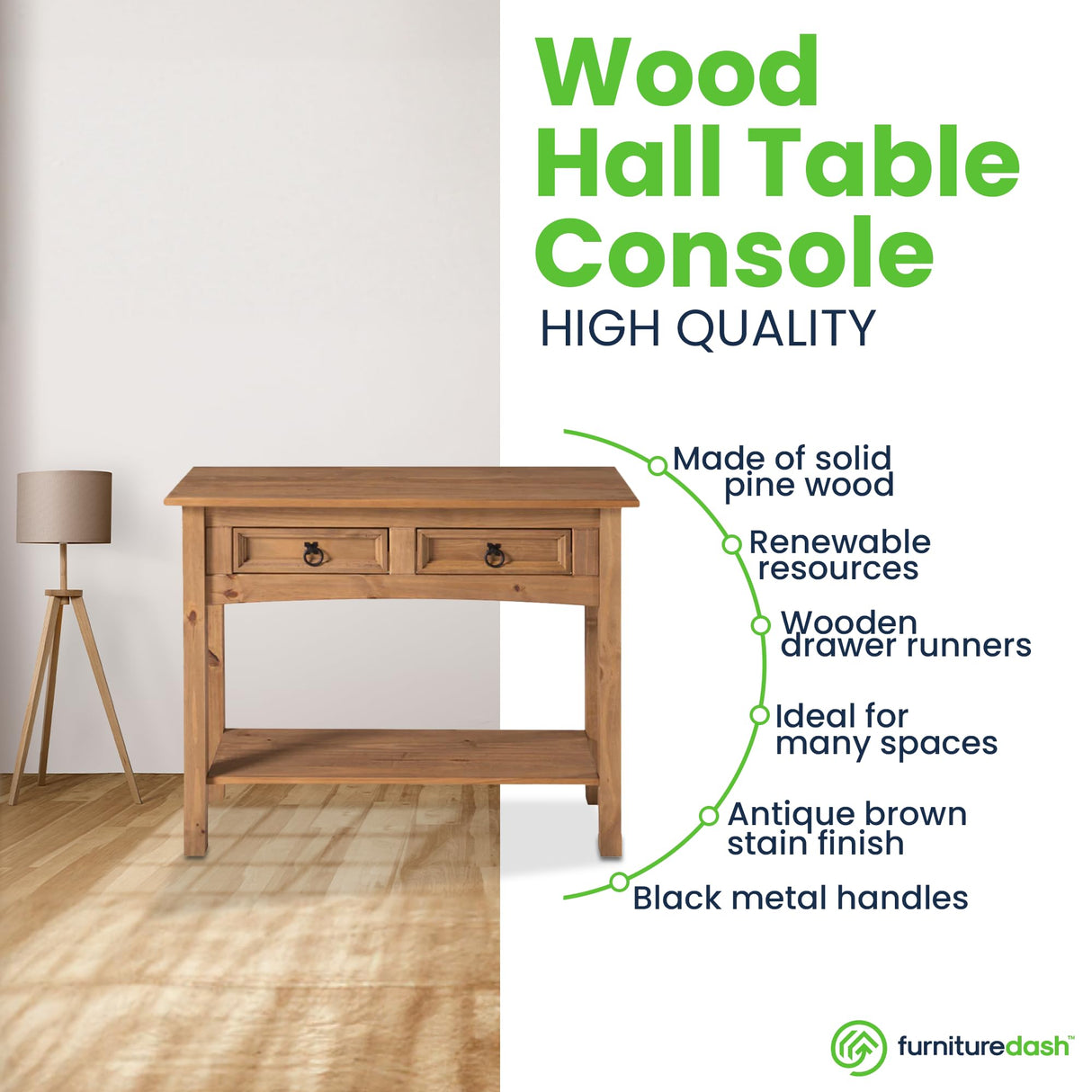 Furniture Dash Solid Wood Console Table Corona with 2 Drawers 34.49" W, 12.64" D, 28.82" H - Farmhouse Entryway Table with Storage Shelf, Tables for Living Room, Hallway Foyer for Office & Bedroom Furniture Dash