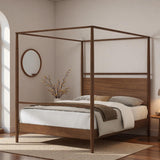 LUMISOL Full Size Canopy Bed Frame with Storage, Solid Wood 4 Posters Canopy Bed, No Box Spring Needed, Walnut LUMISOL