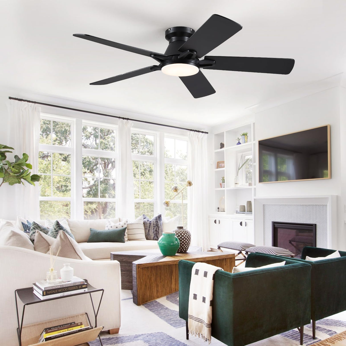 52 Inch Ceiling Fan with Lights and Remote/APP Control - Black Flush Mount Ceiling Fan with Dimmable LED Light, Reversible DC Motor, Low Profile Ceiling Fan for Modern Indoor and Outdoor Patios CHESUR