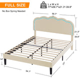 VECELO Upholstered Full Bed Frame with Headboard Adjustable, LED Lights, USB-A & Type-C, Velvet Platform Bed Noise Free, Mattress Foundation with Wooden Slats, No Box Spring Needed, Beige VECELO