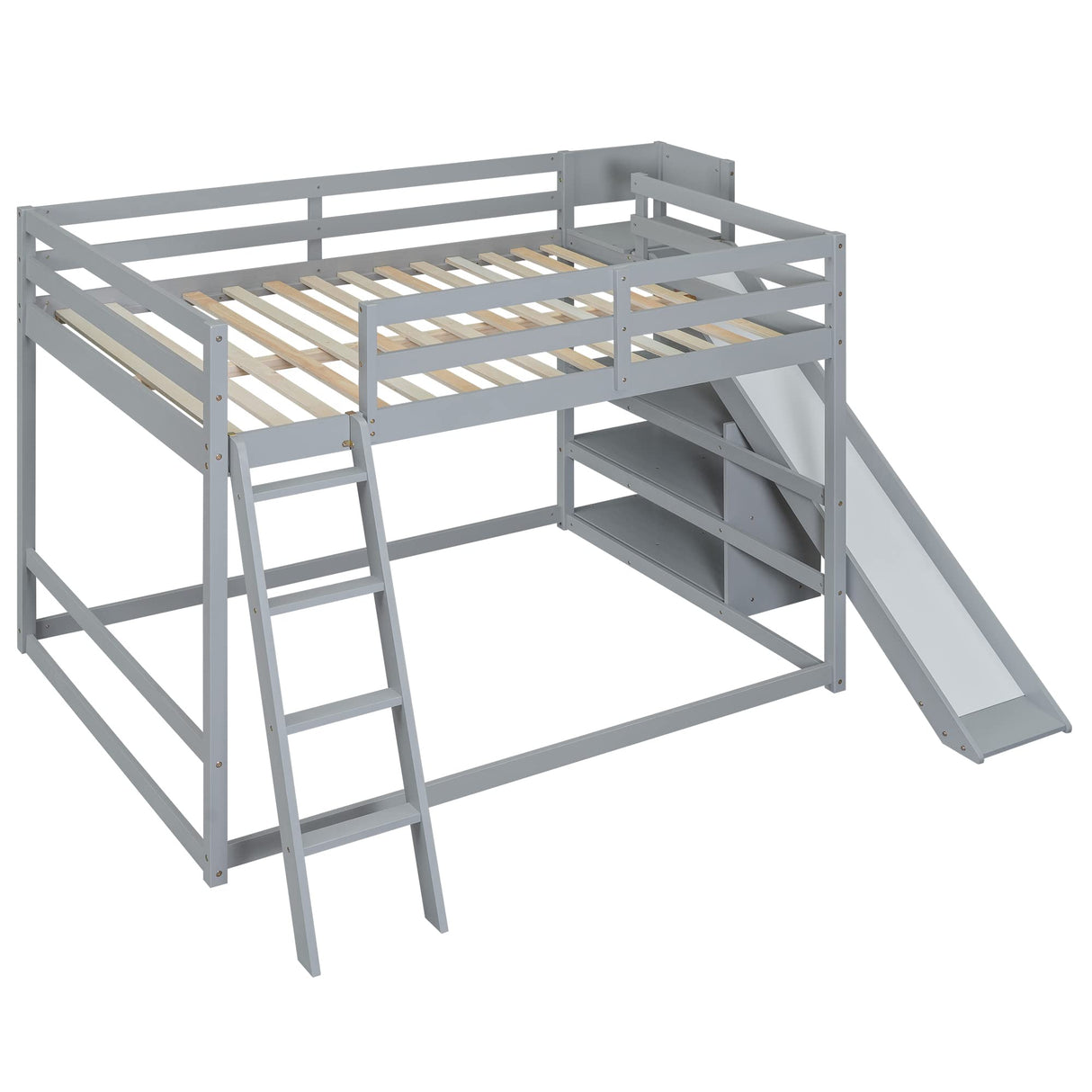Full Over Full Bunk Beds with Slide and Storage Shelves, Wood Floor Bunk Beds Frame, Kids Bunk Bed for Bedroom, Teens Dormitory (Full Loft Bed with Slide, Gray) Bellemave