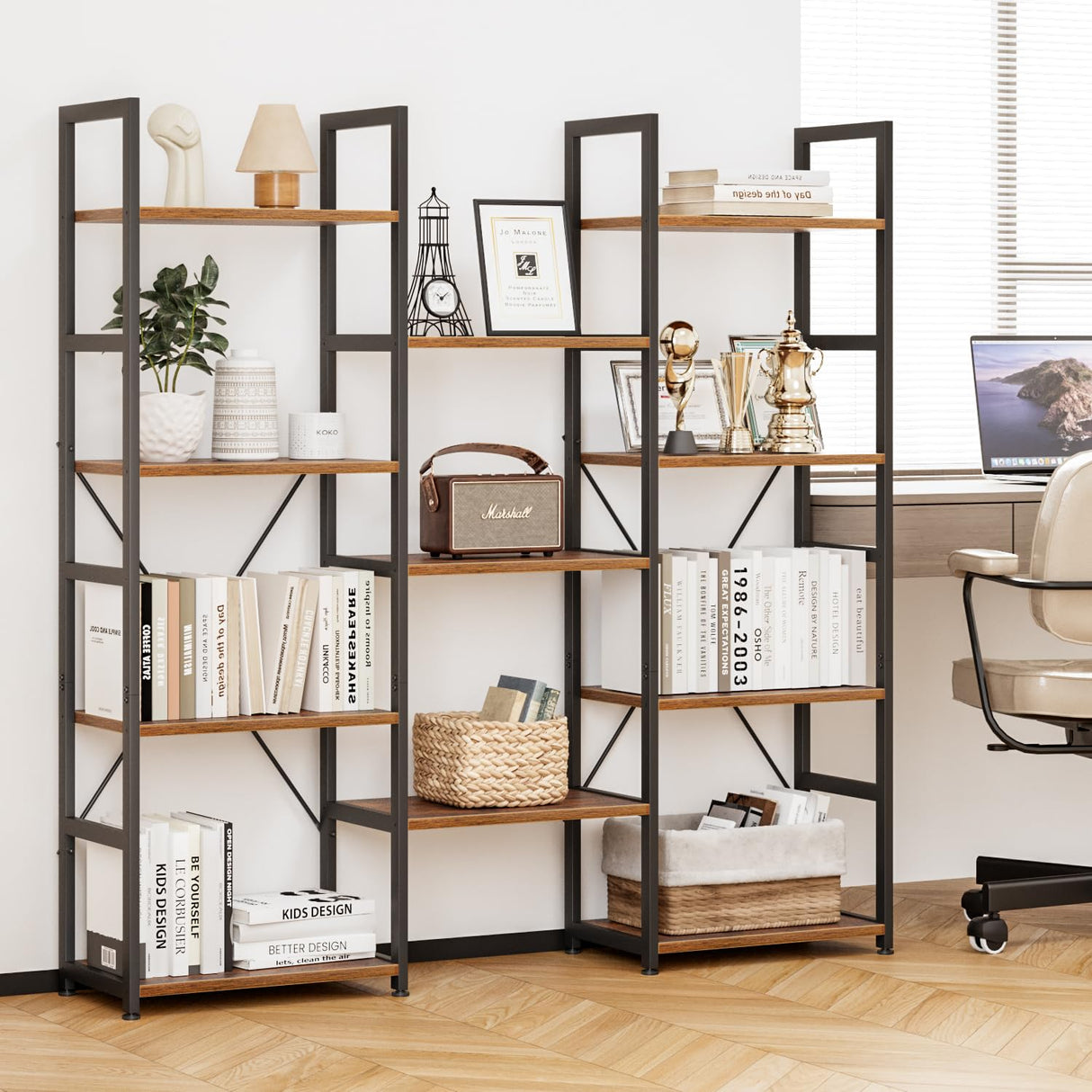 NUMENN Triple Column 4 Tier Bookshelf, Bookcase with 11 Open Display Shelves, Adjustable Rustic Industrial Style Book Shelves, Modern Bookshelves for Bedroom, Living Room and Home Office, Vintage NUMENN