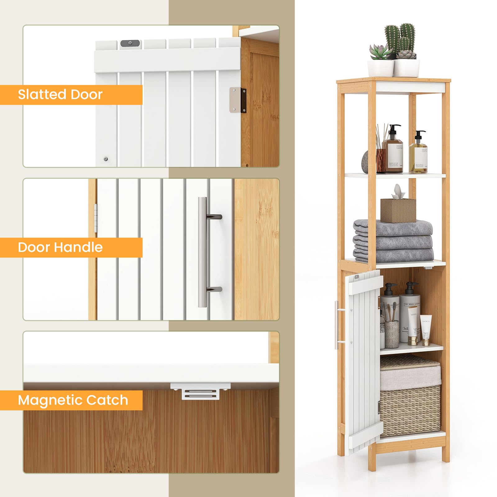 Tangkula Tall Bathroom Cabinet, Freestanding Narrow Storage Cabinet w/Door, Shelves & Adjustable Shelf, Slim Linen Tower Stand for Living Room Bathroom, 51" H, Natural Bamboo (White+Natural) - WoodArtSupply