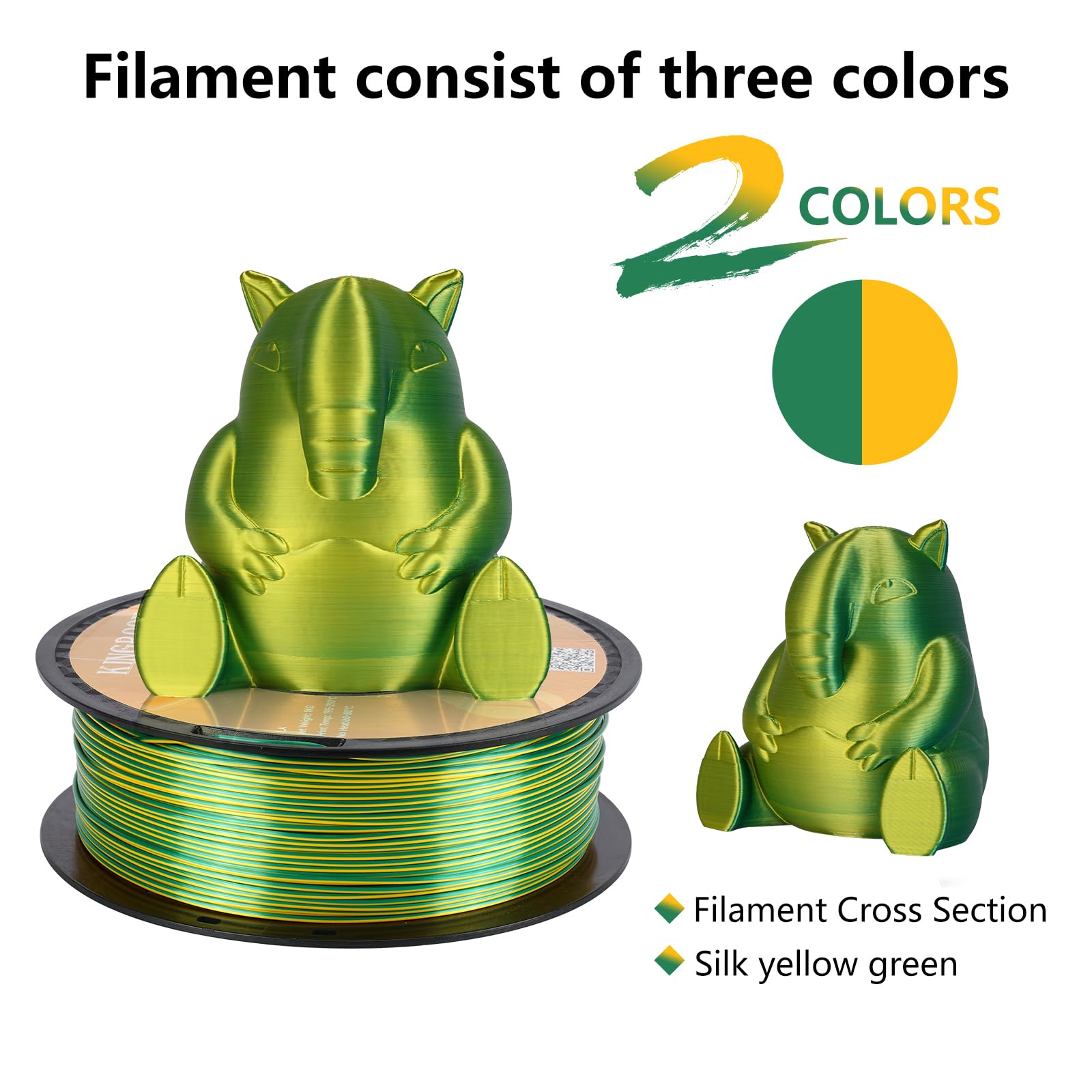 Kingroon PLA 3D Printer Filament, Dual Color Silk PLA Filament, Dimensional Accuracy +/- 0.03 mm, 1kg Spool(2.2lbs), 1.75 mm, Yellow Green - WoodArtSupply