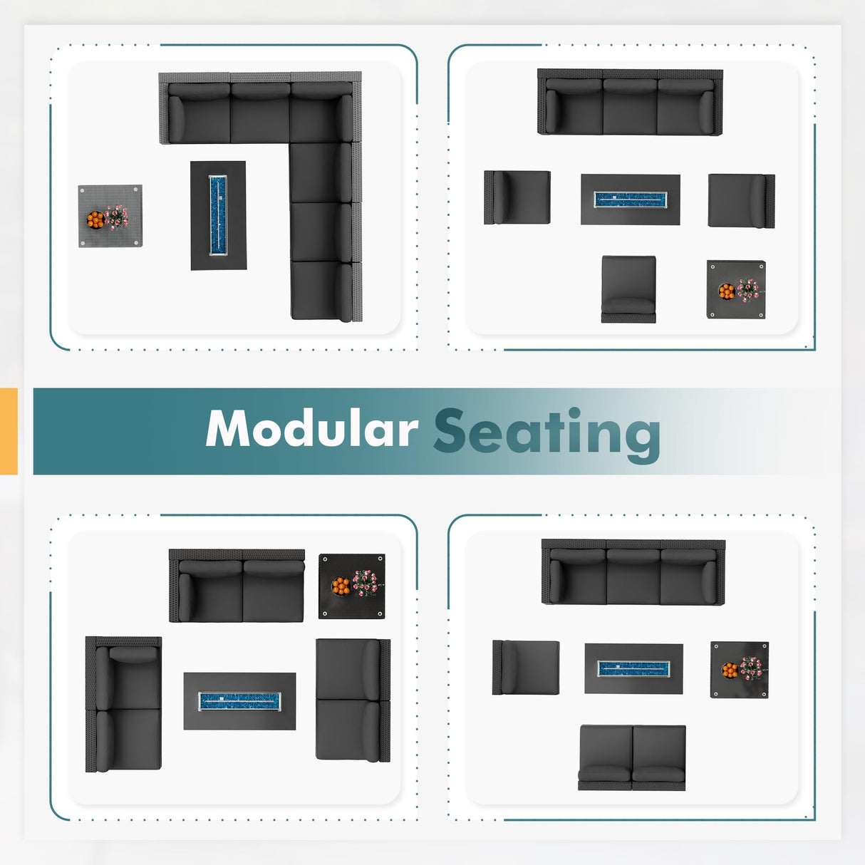 Incbruce 8-Piece Patio Furniture Set with Fire Pit Table, PE Black Brown Wicker Rattan Outdoor Sectional Couch, Patio Conversation Set with Glass Table and Removable Cushions (Grey) Incbruce