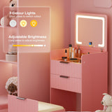 Lvifur 3 in 1 Small Vanity Desk with Plip Top Mirror,Makeup Vanity Set with Visible Glass Desktop,Compact Vanity with 3 Drawers,Storage Compartment and Padded Stool,Dressing Table for Bedroom,Pink Lvifur