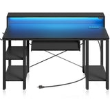 Rolanstar Computer Desk with LED Lights & Power Outlets, 54” Gaming Desk with Storage Shelves, Home Office Desk with Keyboard Tray & Monitor Stand, with Hooks, Carbon Fiber Surface Black Rolanstar