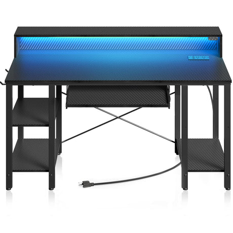 Rolanstar Computer Desk with LED Lights & Power Outlets, 54” Gaming Desk with Storage Shelves, Home Office Desk with Keyboard Tray & Monitor Stand, with Hooks, Carbon Fiber Surface Black Rolanstar