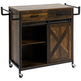 HOMCOM Industrial Kitchen Cart, Rolling Kitchen Island with Adjustable Shelf, Two Drawers, Sliding Barn Door Cabinet and Towel Rack, Rustic Brown HOMCOM