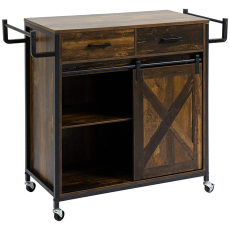 HOMCOM Industrial Kitchen Cart, Rolling Kitchen Island with Adjustable Shelf, Two Drawers, Sliding Barn Door Cabinet and Towel Rack, Rustic Brown HOMCOM