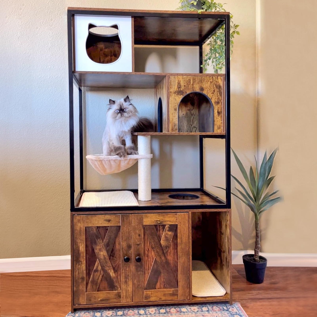 Cat Litter Box Furniture Enclosure 4 Levels Cat Tree Hidden Cabinet with Storage and Scratch,4 Tiers GUTINNEEN