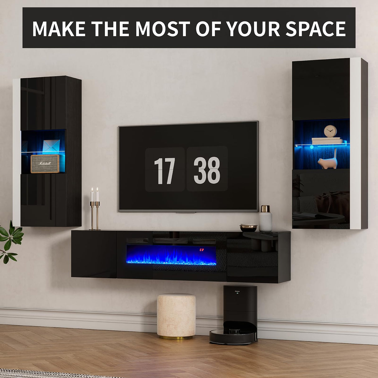 AMERLIFE Wall Unit Entertainment Center with 36" Electric Fireplace, Includes 68" Floating Fireplace TV Stand, 2 x Wall Cabinets, Modern LED Light Media Console Table for Living Room, Black/White AMERLIFE