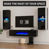 AMERLIFE Wall Unit Entertainment Center with 36" Electric Fireplace, Includes 68" Floating Fireplace TV Stand, 2 x Wall Cabinets, Modern LED Light Media Console Table for Living Room, Black/White AMERLIFE