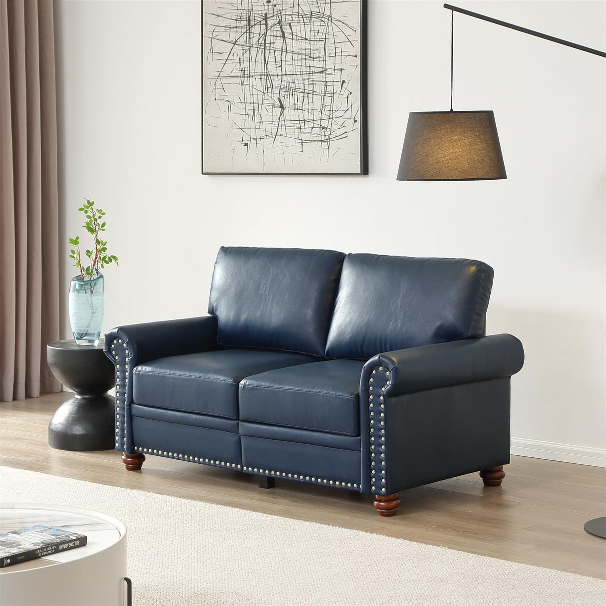 Harper & Bright Designs Faux Leather 2-Seat Loveseat Couch with Hidden Storage Under Seat, Nailhead Trim, Solid Wood Legs, Classical Sofa for Living Room, Office, Apartment, Navy Blue Harper & Bright Designs