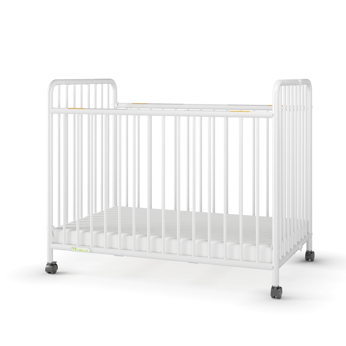 Child Craft Little Dreamer Metal Compact Folding Portable Crib with 2” Crib Mattress and 2 Easy Roll Locking Wheels, Durable Metal Construction, Easy to Clean (White)