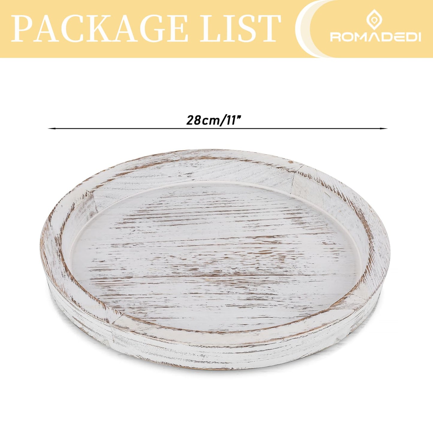 Romadedi Rustic Wooden Tray Candle Holder - Round Wood Decorative Pillar Candle Tray for Coffee Table Farmhouse Kitchen Countertop Organizer Home Decor Wedding Centerpiece, Distressed White