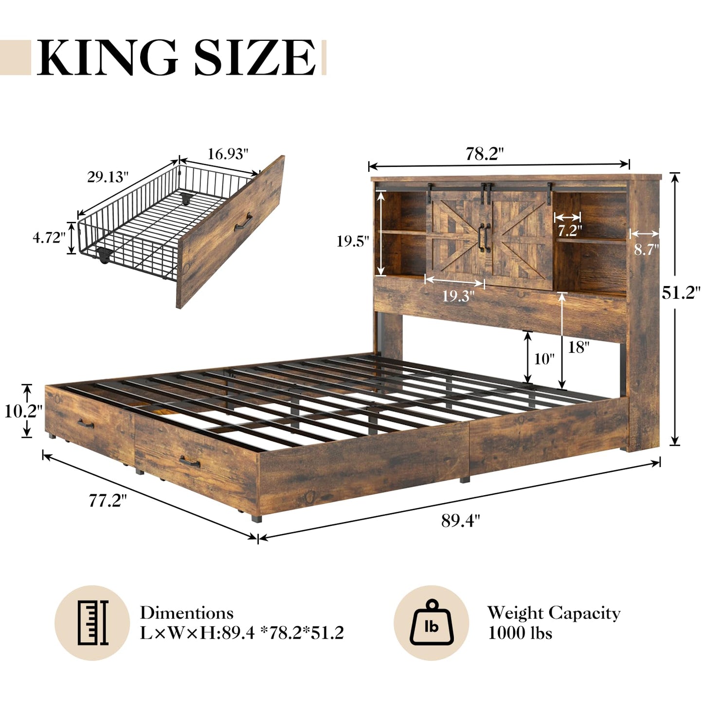 YUMPIE Farmhouse King Size Bed with 51.2" Bookcase Headboard, Wooden Platform Beds with Sliding Barn Door, Built-in Charging Station and 2 Storage Drawers, No Box Spring Needed, Rustic Brown