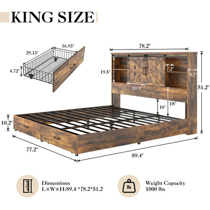 YUMPIE Farmhouse King Size Bed with 51.2" Bookcase Headboard, Wooden Platform Beds with Sliding Barn Door, Built-in Charging Station and 2 Storage Drawers, No Box Spring Needed, Rustic Brown