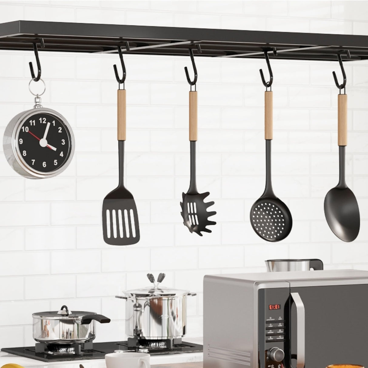 GarveeHome 47'' Large Kitchen Island with Power Outlet, Bakers Rack with Storage, Island Table for Kitchen, 3 Tier Microwave Stand Oven Shelf, Storage Shelf for Kitchen Dining Room Living Room, 5 Hook GarveeHome